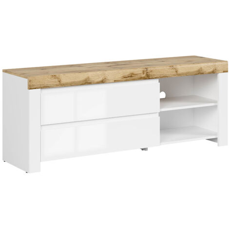 Meuble TV avec 2 tiroirs,coloris Blanc/Chêne wotan - Longueur 156 x Profondeur 42 x Hauteur 60,5 cm