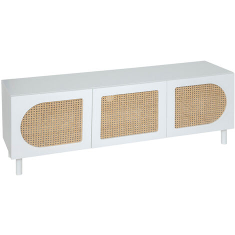 Meuble TV avec 3 portes de rangement en bois coloris blanc - Longueur 140 x Profondeur 41,7 x Hauteur 50 cm