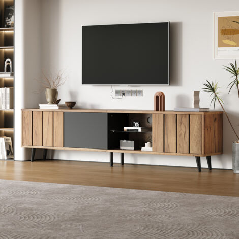 Meuble TV, avec 3 portes de rangement et 1 séparateur, charnières de sécurité, 6 pieds de support, compatible avec les téléviseurs 75 pouces, 175 x 31 x 45 cm, Naturel