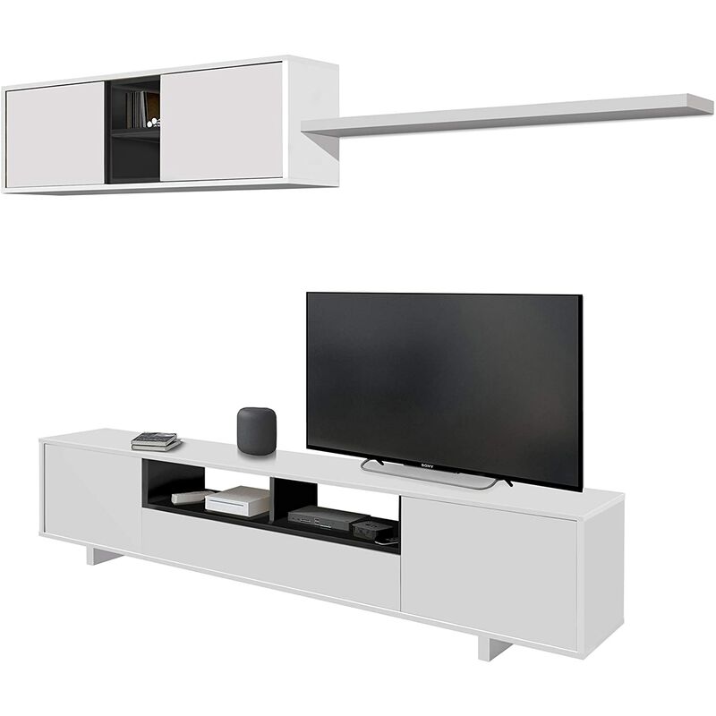 Meuble TV avec 3 portes et 1 Niche de rangement coloris blanc brillant / gris anthracite - H46 x L200 x P41 cm -PEGANE-