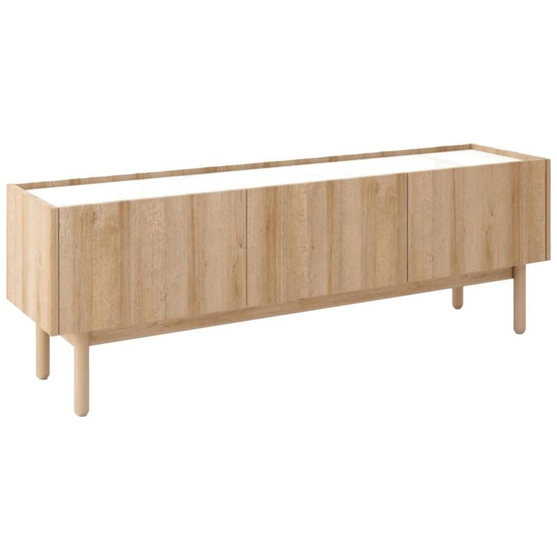 Vente-unique - Meuble tv avec 3 portes - Naturel clair et effet marbre blanc - sitoli