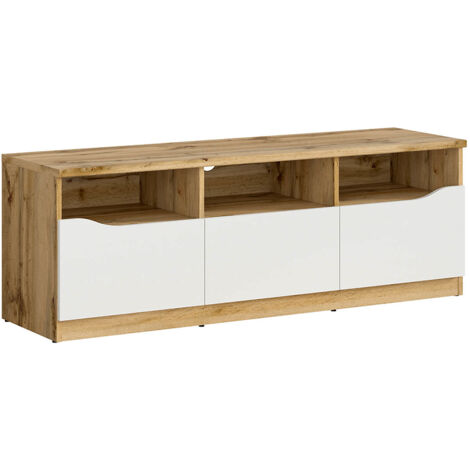 Meuble TV avec 3 tiroirs, coloris chêne Wotan/blanc brillant - Longueur 135 x Profondeur 39,5 x Hauteur 47,5 cm