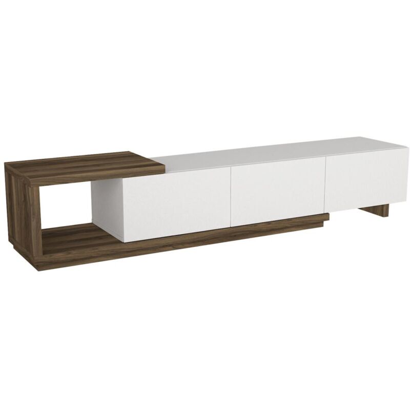 Vente-Unique – Meuble TV 200 cm avec 3 tiroirs coulissants et 1 niche ouverte – Panneau de particule mélaminé blanc et naturel – Rangement organisé