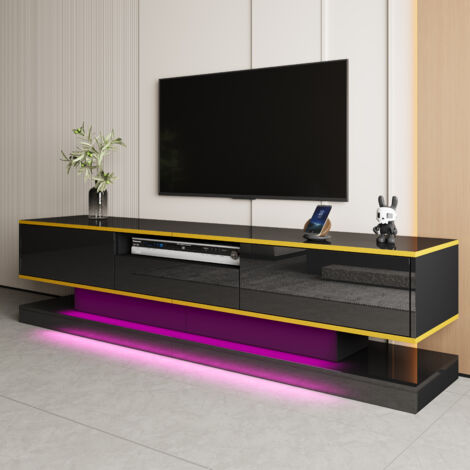 Meuble TV avec 3 Tiroirs et 1 Niche Ouverte, LED Multicolore, Finition Brillante, Noir et Or, 180 x 38 x 45 cm