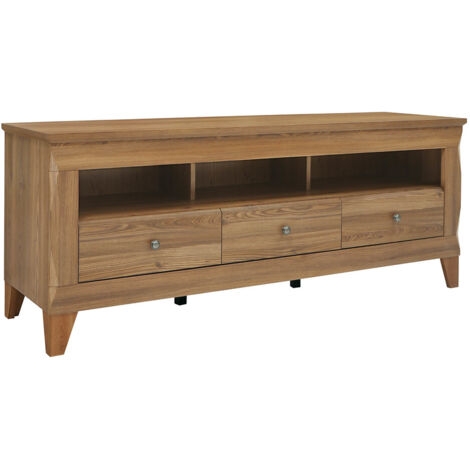 Meuble TV avec 3 tiroirs soft-close et une étagère coloris Mélèze doré - Longueur 156 x Profondeur 47 x Hauteur 64 cm