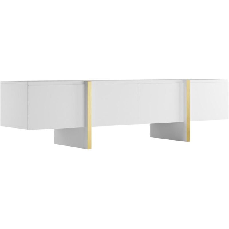 Vente-unique - Meuble tv avec 4 portes en mdf - Blanc et Doré - luvonia
