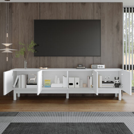 Meuble TV avec 4 Portes et Étagères, Design sans Poignées, pour Salon, MDF et Panneaux de Particules, 169 x 34 x 45,5 cm