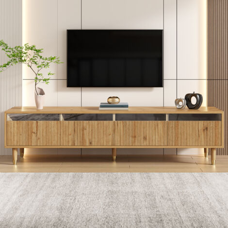 Meuble TV, avec 4 tiroirs et LED à couleurs changeantes, finition texturée, pieds en bois, design moderne, 178 x 35 x 45 cm, Naturel