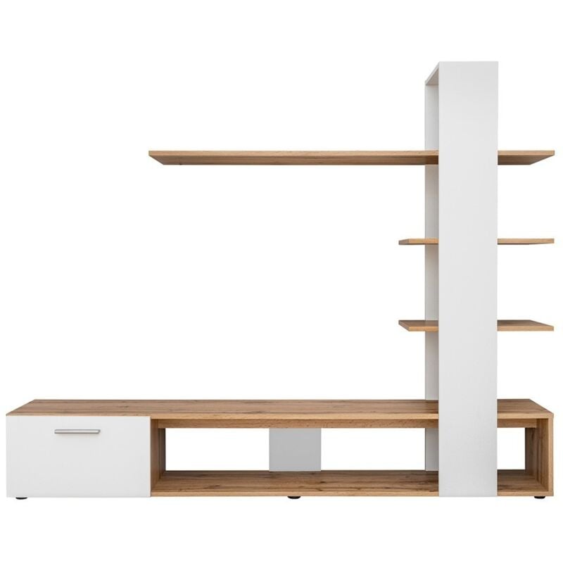 Meuble tv avec bibliothèque et étagères intégrées collection cleo. Coloris blanc et chêne