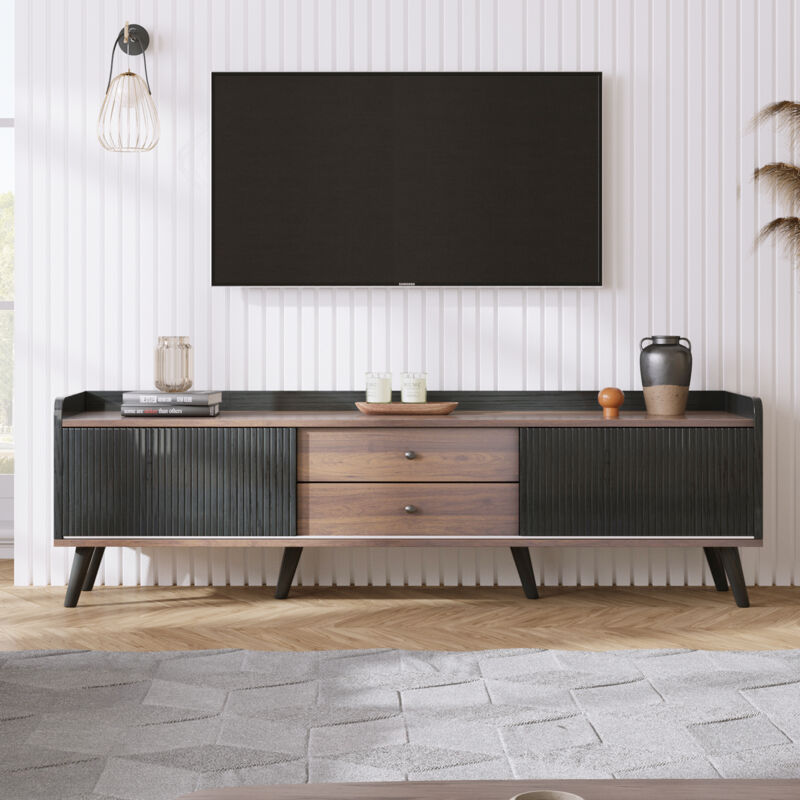 Meuble TV avec deux tiroirs, meuble TV, plateau TV bas avec deux portes coulissantes. Texture délicate. Laque bois naturel noir. H58 / L160 / T40 cm