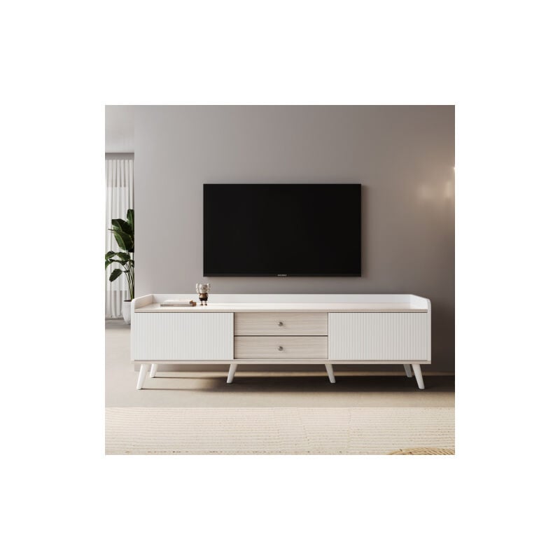 Meuble TV avec deux tiroirs, meuble TV, plateau TV bas avec deux portes coulissantes. Texture délicate. Laque bois naturel noir. H58 / L160 / T40 cm