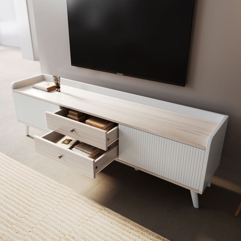 Meuble tv avec 2 tiroirs, table tv en bois, avec 2 portes coulissantes, blanc, H58/L160/P40 cm