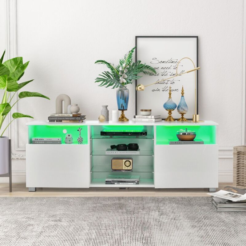 Maisonchic - Meuble tv avec Éclairage led 20 Couleurs Banc tv avec 2 Placards 2 Compartiments et Étagères Vitrées Meuble pour tv 60' design in