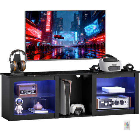 Meuble TV avec éclairage LED pour télévision jusqu'à 65 pouces, 160cm avec étagères en verre réglables, noir