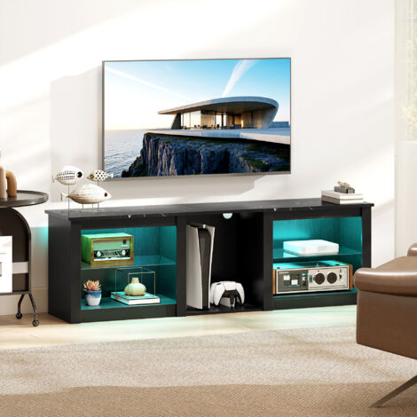 Meuble TV avec éclairage LED pour télévision jusqu'à 65 pouces. 160cm avec étagères en verre réglables. noir