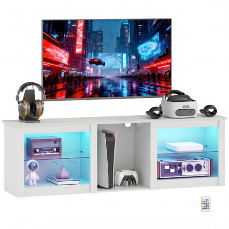 Meuble TV avec éclairage LED pour télévision jusqu'à 70 pouces, 160cm avec étagères en verre réglables, blanc