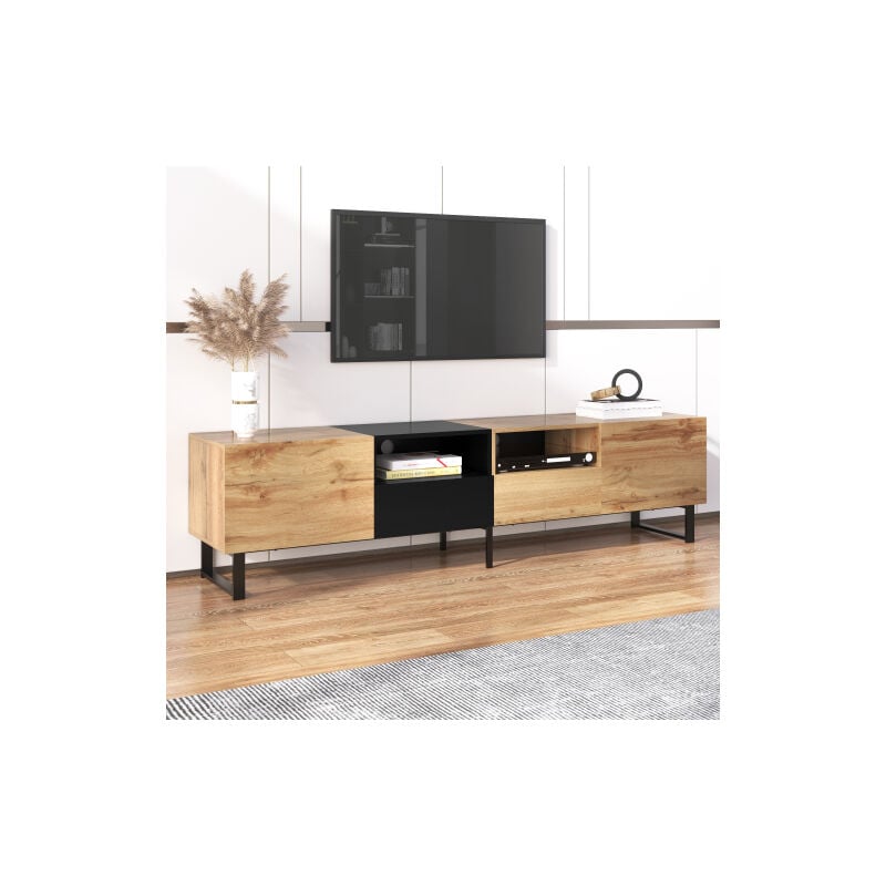 Meuble tv avec espace de rangement et pieds en métal, épissage couleur bois noir, 195x38x48cm