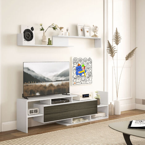 Meuble TV avec étagère murale, étagères ouvertes et armoire en bois, noir et blanc