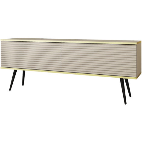 Meuble TV Avec Lamelles Beige, pieds Noir, 135 × 30 × 52 cm, Push to Open
