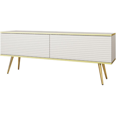Meuble TV Avec Lamelles Blanc, pieds Or, 135 × 30 × 52 cm, Push to Open