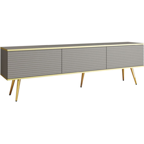 Meuble TV Avec Lamelles Gris, pieds Or, 175 × 30 × 52 cm, Push to Open
