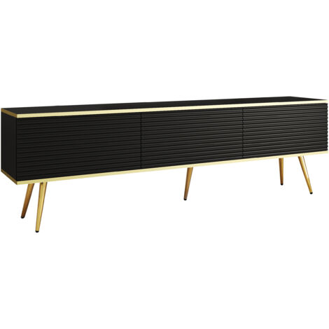 Meuble TV Avec Lamelles Noir, pieds Or, 175 × 30 × 52 cm, Push to Open