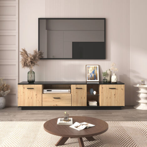 Meuble TV avec LED 16 couleurs 180 cm, noir et effet bois, meuble bas TV avec 3 portes 1 tiroir 2 niches en verre, meuble TV moderne avec rangement salon