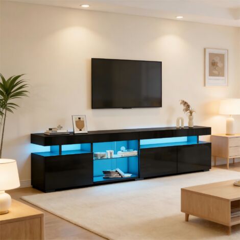 Meuble TV avec led, 3 portes et étagère en verre de sécurité réglable, en noir, 180x35x45 cm