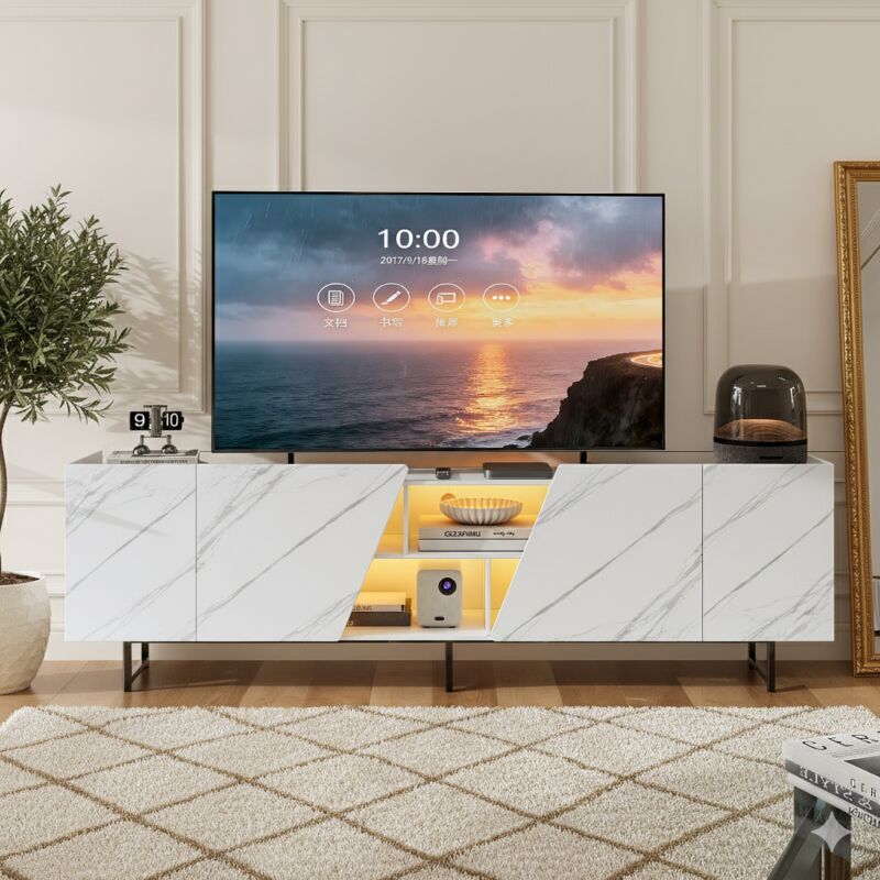 Meuble TV avec LED, aspect marbre meuble télé blanc avec 4 portes et 6 compartiments, armoire de télévision table television salon banc TV moderne