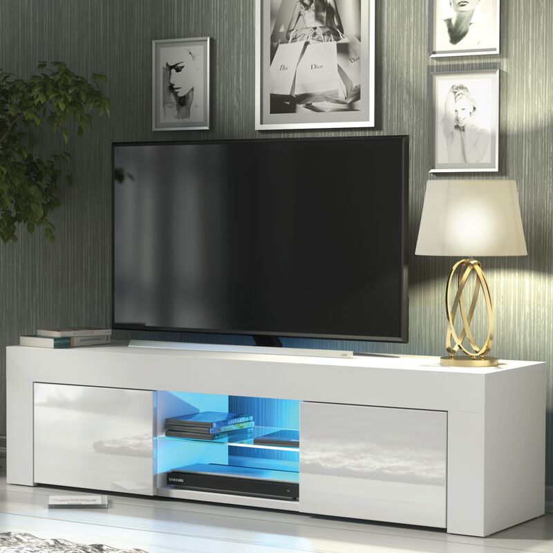 Meuble TV avec LED contemporain blanc laque brillant 130 x 35 x 35 cm avec 2 compartiments ouverts et deux placards