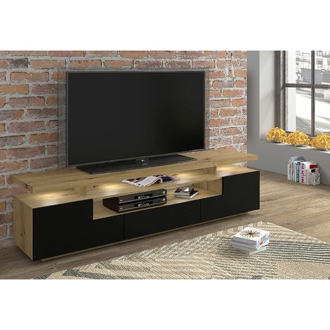 Meuble TV LED intégré 180 cm – Chêne noir mat – Dimensions 180x42x51H – Éclairage LED bleu – Panneau stratifié mat – EVA