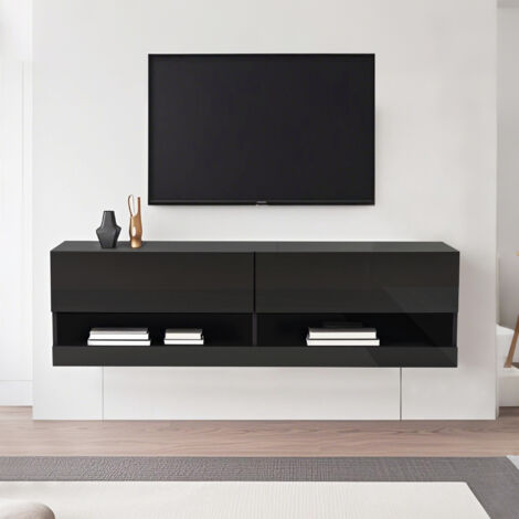 Meuble TV avec LED, meuble TV suspendu, meuble TV bas, 140 x 35 x 40 cm, noir