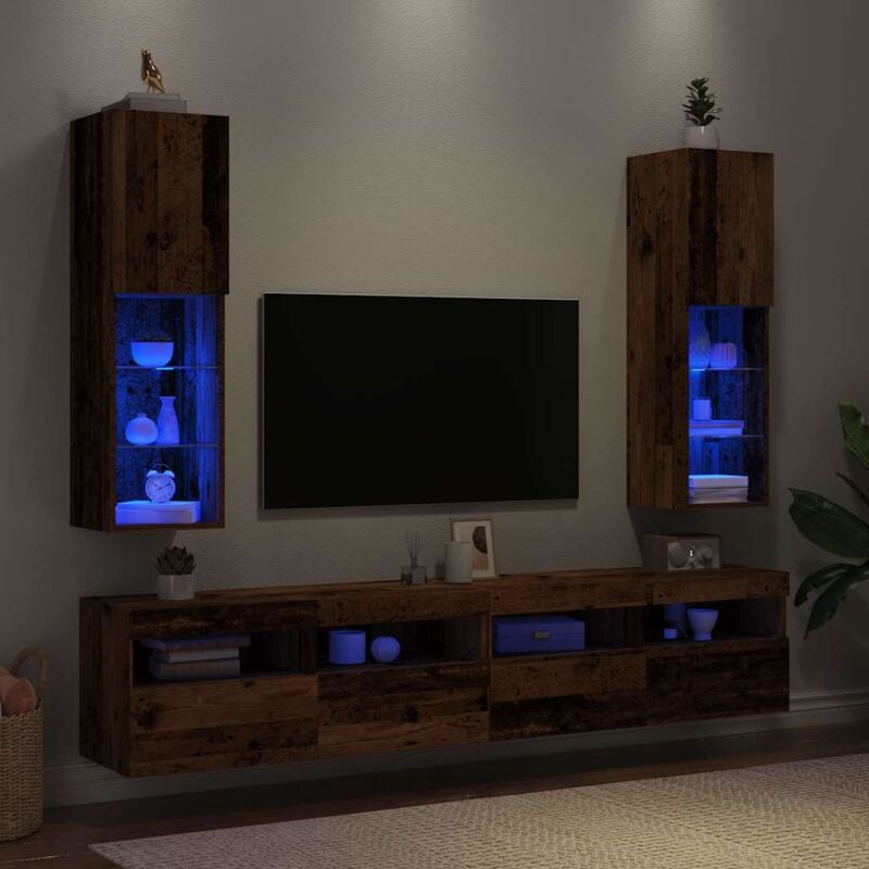 Meubles tv avec lumières led 2 pcs, Banc tv, Armoire de rangement vieux bois 30,5x30x102 cm FR962502 design in