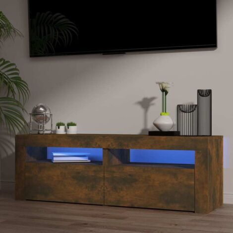 Meuble TV avec lumières LED  Banc TV Armoire de rangement Chêne fumé 120x35x40 cm 37846