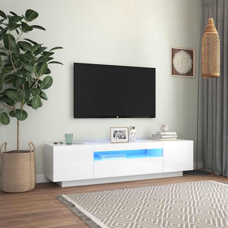 Largeight - Meuble tv avec lumières led, 160x35x40 cm blanc brillant