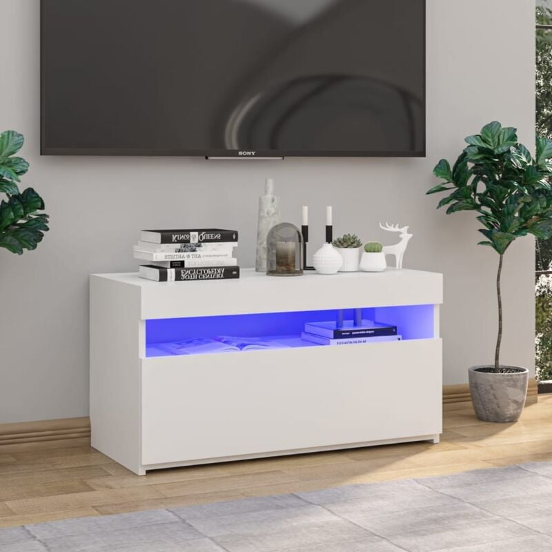 Maison Chic - Meuble tv avec lumières led Banc tv Armoire de rangement Blanc brillant 75x35x40 cm 78282