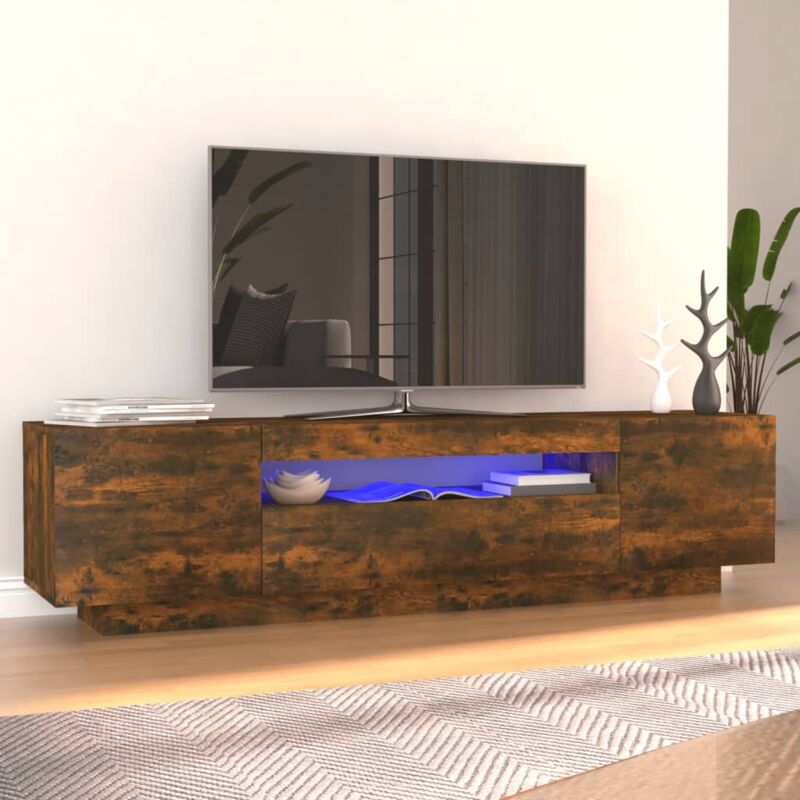 Meuble tv avec lumières led Banc tv Armoire de rangement Chêne fumé 160x35x40 cm 23383