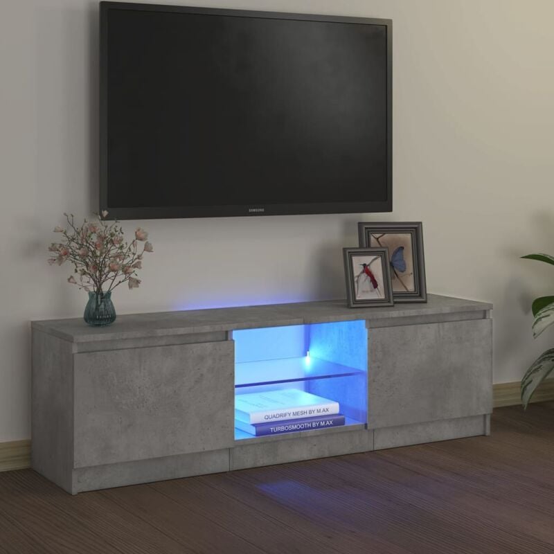 Meuble tv avec lumières led Banc tv Armoire de rangement Gris béton 120x30x35,5 cm 66566
