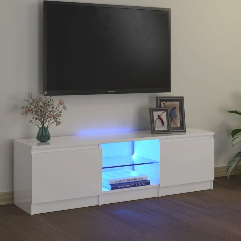 Meuble TV avec lumières LED pour Salon - Armoire TV Blanc brillant 120x30x35,5 cm BV609083 - BonneVie
