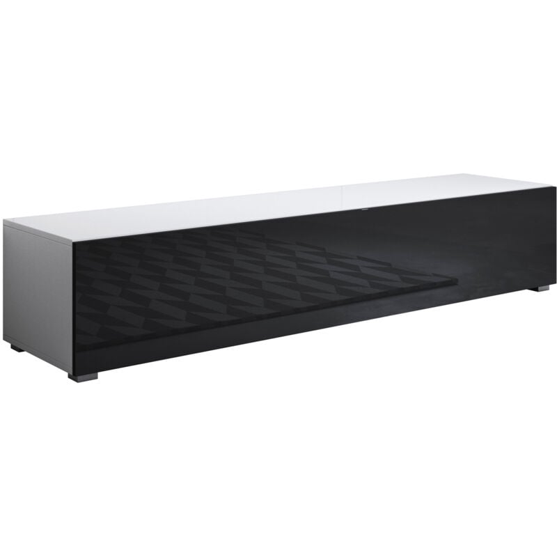 Meuble TV avec pieds 2cm 1 porte Meuble TV de salon 160 x 32 x 40cm Modèle Luke H2 Blanc et Noir Finition brillante