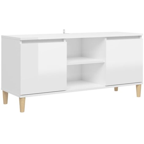 Meuble TV avec pieds en bois Blanc brillant 103,5x35x50