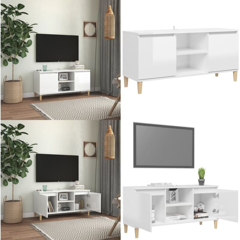 Vidaxl - Meuble tv avec pieds en bois Blanc brillant 103,5x35x50 cm - Meuble Tv - Meuble Téléviseur - Rangement Tv - Buffet Tv - Meuble Scandinaves