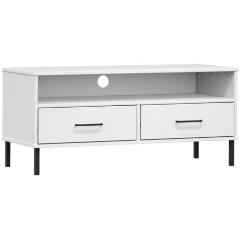 Meuble TV avec pieds en métal Blanc Bois de pin massif OSLO
