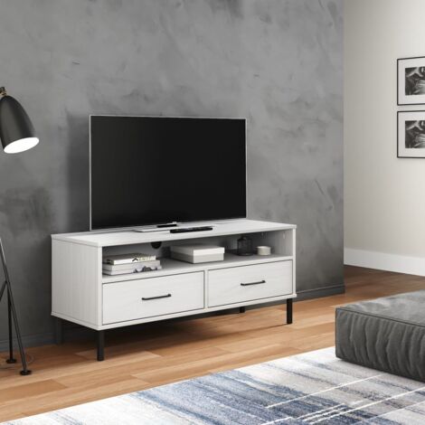 Meuble TV avec pieds en métal Blanc Bois de pin massif OSLO vidaXL