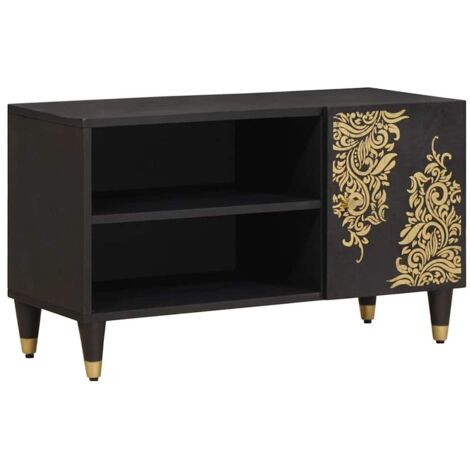 Meuble TV avec porte-Banc TV-Meuble Télé Noir 80 x 33 x 46 cm Bois de mangue massif