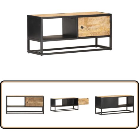 Meuble TV avec porte sculptée 90x30x40 cm Bois de manguier brut - Meubles Tv - Meuble Tv Rustique - Meuble Tv Bois - Meuble Rangement - Meuble Hi Fi