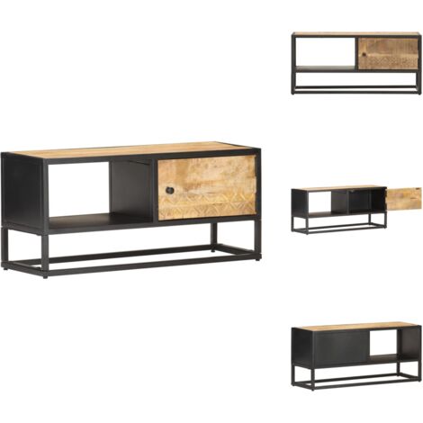 Meuble TV avec porte sculptée 90x30x40 cm Bois de manguier brut - Meubles Tv - Meuble Tv Rustique - Meuble Tv Bois - Meuble Rangement - Meuble Hi Fi