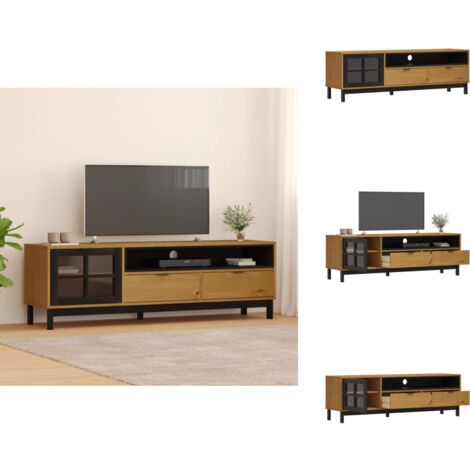 Meuble TV avec porte vitrée FLAM 158x40x50cm bois massif de pin - Meuble Tv - Meuble Televison - Buffet Tv - Console Tv - Rangement Tv