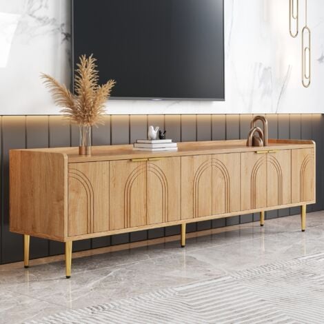 HAUSS SPOLE Meuble TV avec rangement, 4 portes meuble bas pour salon et chambre, pieds en métal- Motifs à lignes courbes, 170x35x47,5 cm, MDF, Naturelle