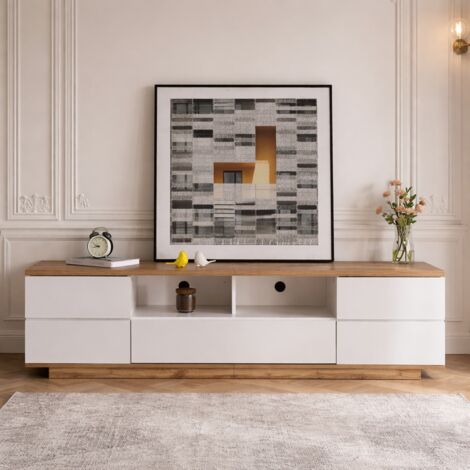 Meuble TV avec Rangement, 5 Portes et 8 Compartiments, Meuble TV Bas, Design élégant et Moderne, 180x38x46cm, Blanc et Bois